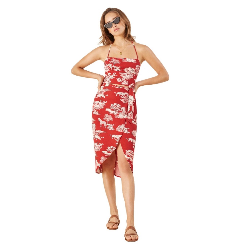Reformation Red Safari Toile Halter Wrap Midi Dress Size 8 Cutout Africa Retro - Picture 1 of 7